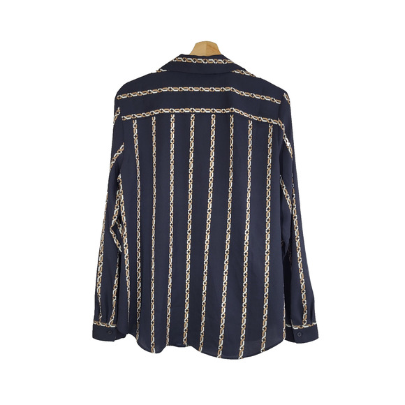 Ann Taylor Chain Link V-Neck Button Up Blouse L Navy Equestrian Career Stripe - Picture 6 of 11